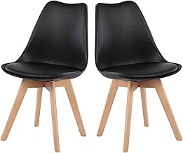 H.J WeDoo Set of 2 Scandinavian Chairs, Beech Wood Legs and Padded Seat, Nordic Style - Black