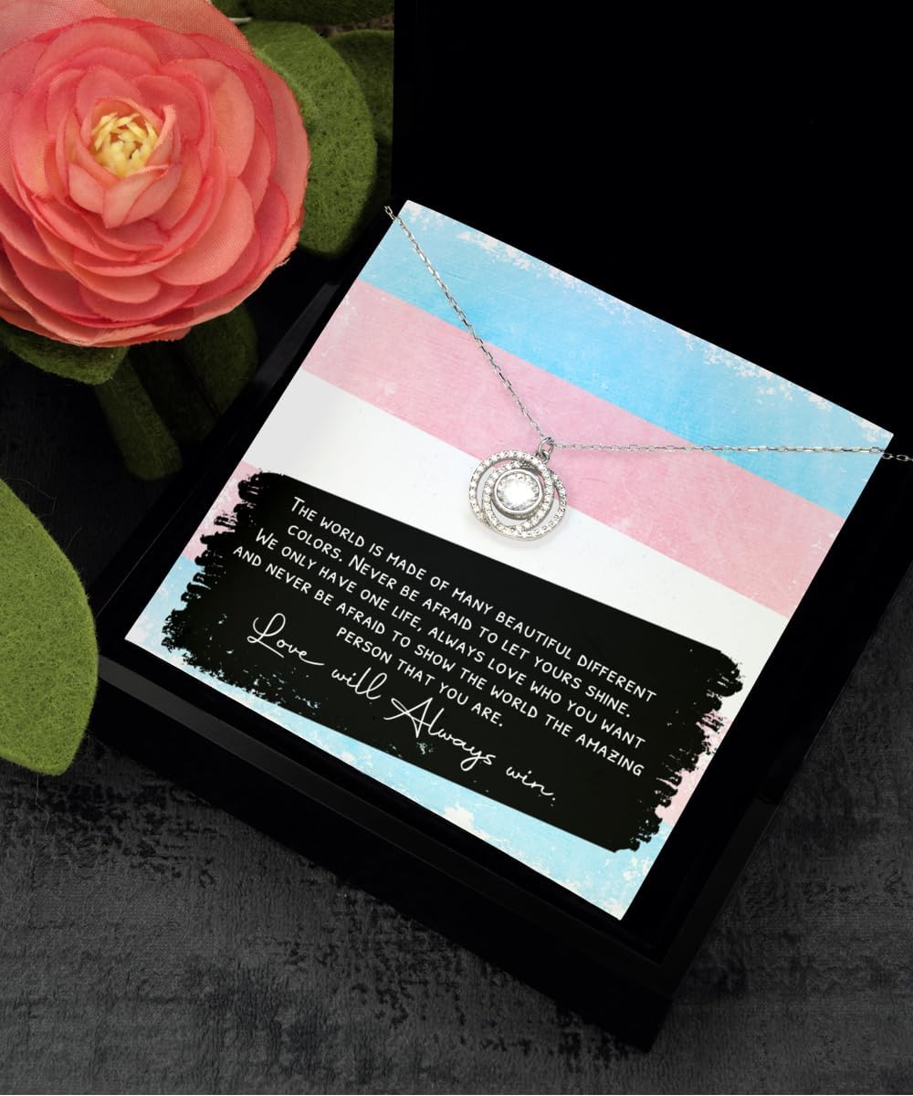 Transgender Pride Gift , Necklace, LGBTQ Jewelry, Trans Flag Merch, Gifts for FTM & MTF, Unique Trans Stuff Celebrating Spirit of LGBT Community, Symbol of Love and Equality Accessories, Double Crystal Necklace, Love Will Always Win