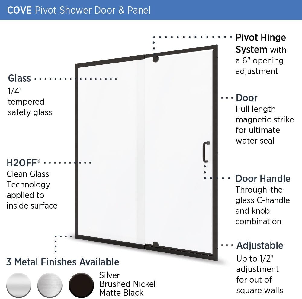 Miseno MSDC4269 Purify 69" High x 42" Wide Semi-Framed Pivot Shower Door with Clear Glass and H2OFF™ Technology - Brushed Nickel