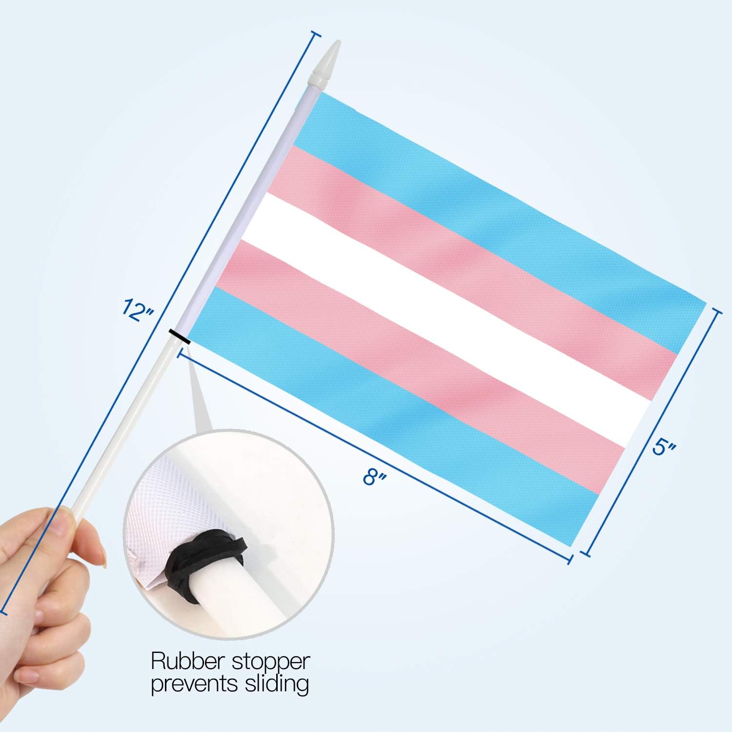 Anley Transgender Mini Flag 12 Pack - Hand Held Small Miniature Trans Pride Flags on Stick - Fade Resistant & Vivid Colors - 5x8 Inch with Solid Pole & Spear Top