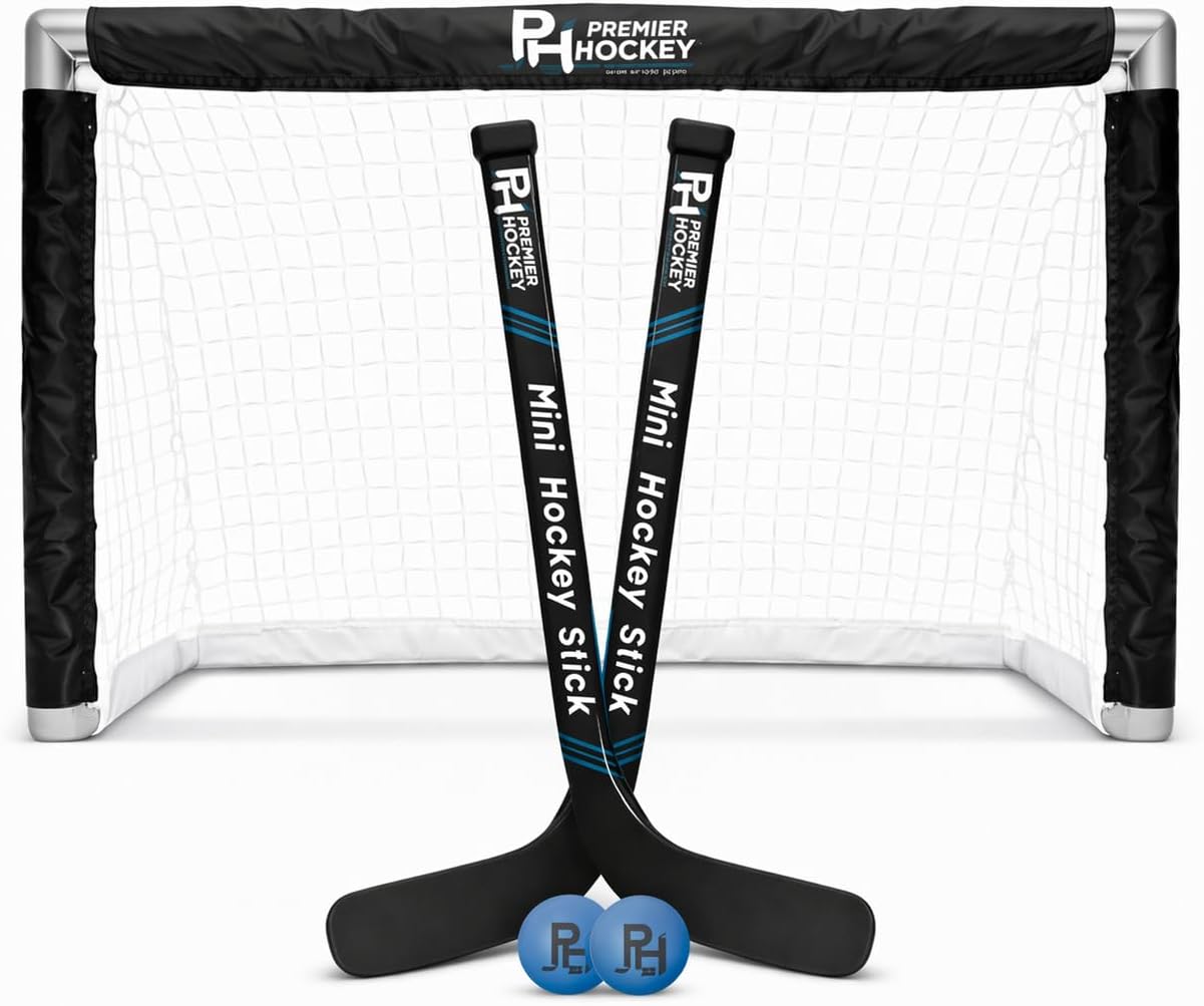 Premier Sports – Knee Hockey Set – Complete 2-Player Indoor Kit with (1) Mini Goal, (2) Mini Sticks, and (2) Foam Balls