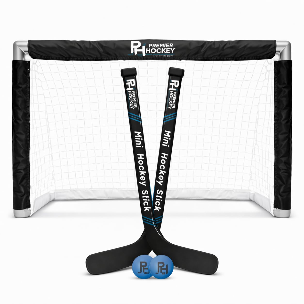 premier sports knee hockey set - complete 2-player indoor kit with (1) mini goal, (2) mini sticks, and (2) foam balls
