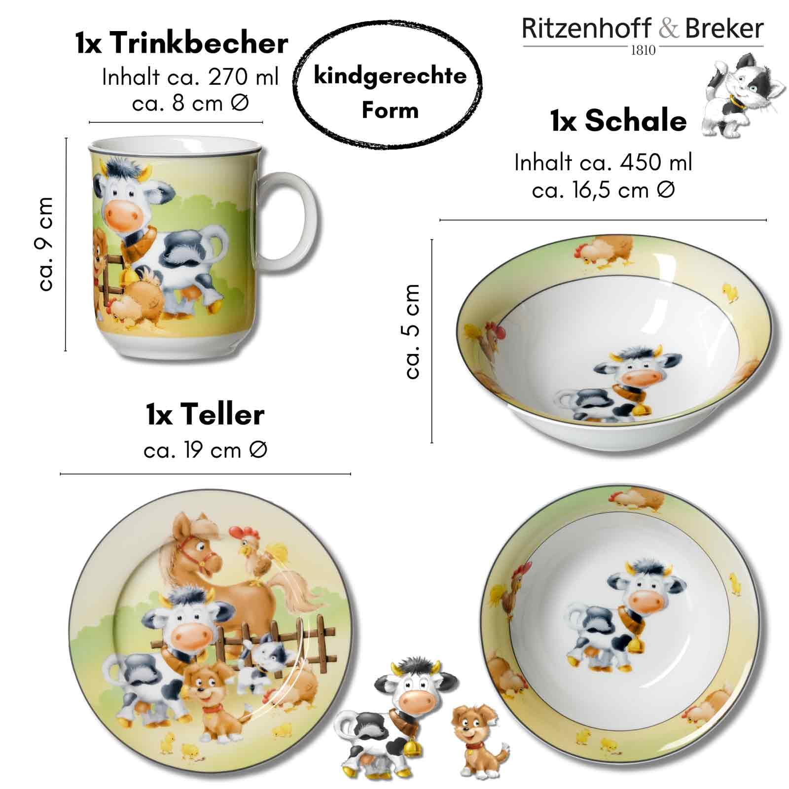 Ritzenhoff & Breker Kindergeschirr-Set Hoftiere 3-teilig mit Besteck | Teller, Schale, Becher, Gabel, Messer und 2 Löffel | Tiere vom Bauernhof | Porzellan, Edelstahl | Bunt
