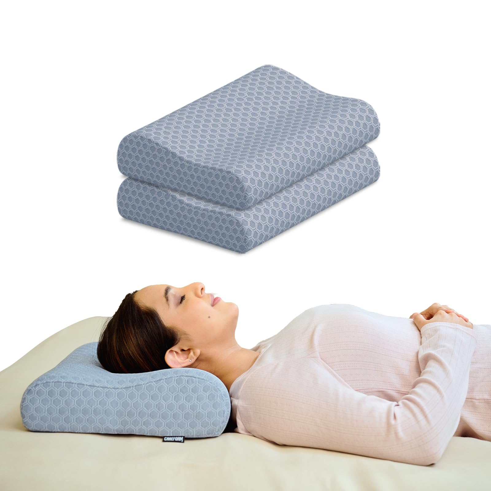 CareFoam Memory Foam Cervical Neck Pillow | 2 Years Warranty | Pain Relief Sleep, Improves Posture Spinal Alignment, Neck Pain Relief | Queen 19 x 11 x 3.5 Inch | Grey Jacquard Cover | Pack of 2