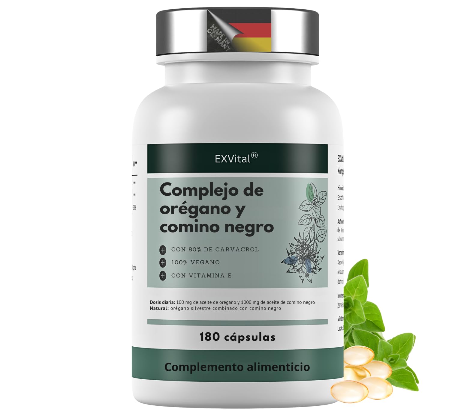 EXVital® Complejo de Aceite de Orégano y Comino Negro, 180 cápsulas veganas, 100 mg de aceite de orégano y 1000 mg de aceite de comino negro al día, 80% de carvacrol, alta dosis y sin aditivos