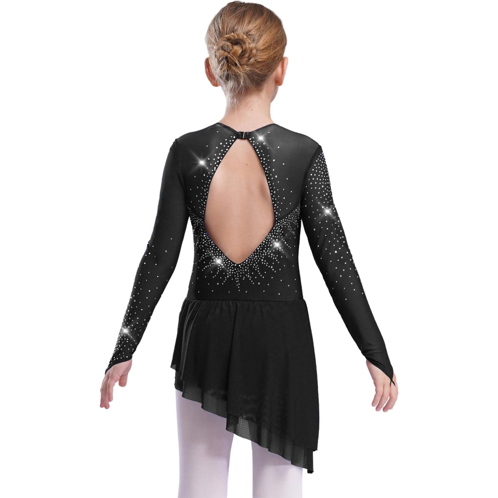 Oyolan Fille Robe Patinage Artistique Manches Longues Strass Asymétrique Danse Leotard Gymnastique