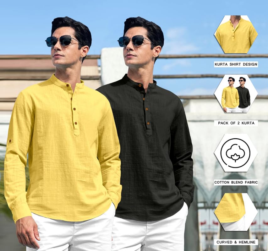 Image of ROYALSCOUT Combo of Men's Solid Cotton Blend Full Sleeve Straight Kurta Shirt (Pack of 2)