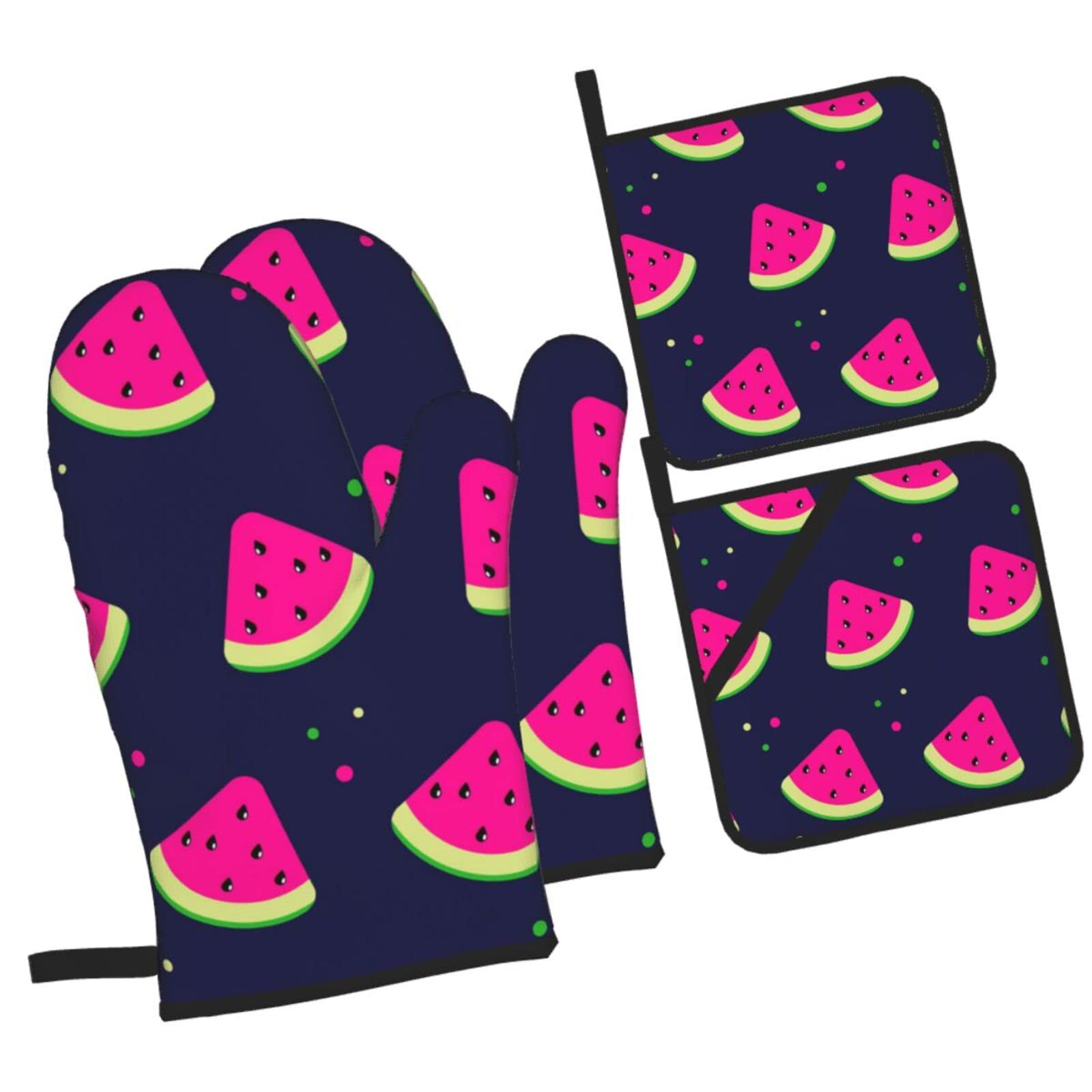 Vector Watermelon Background Oven Mitts and Pot Holders Sets, Christmas Oven Mitt Kitchen Heat Resistant Non-Slip Pot Holders Set for Cooking Baking BBQ