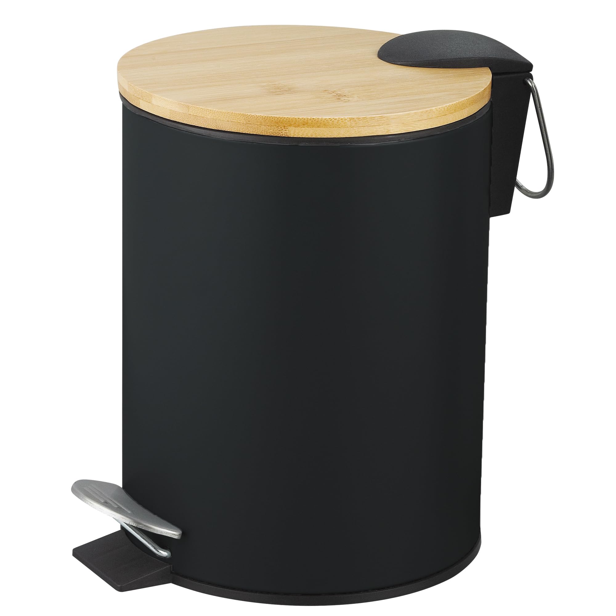 Amig - 3L Bathroom Pedal Bin Mod. Naturline - Black and Bamboo - Hands-Free Hygienic Opening - Ø16.8 x 23 cm - Lacquered Stainless Steel - Round Bin with Airtight Lid
