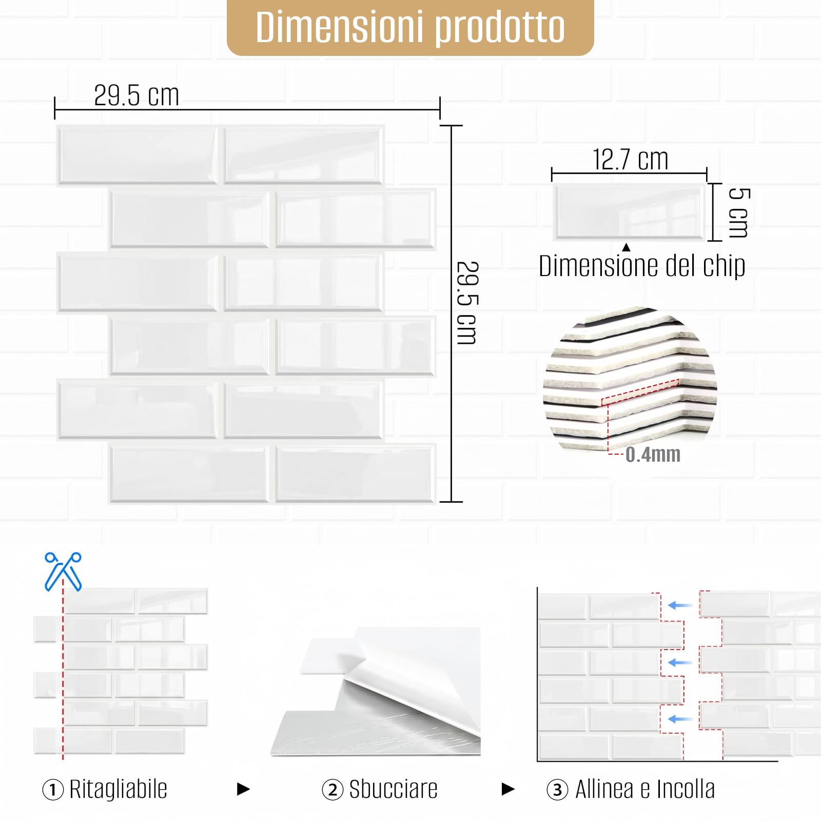 Adesivi per piastrelle, 3D, 10 pezzi, autoadesivi, per il retro della cucina, per soggiorno, camera da letto, cucina, bagno (Bianco)