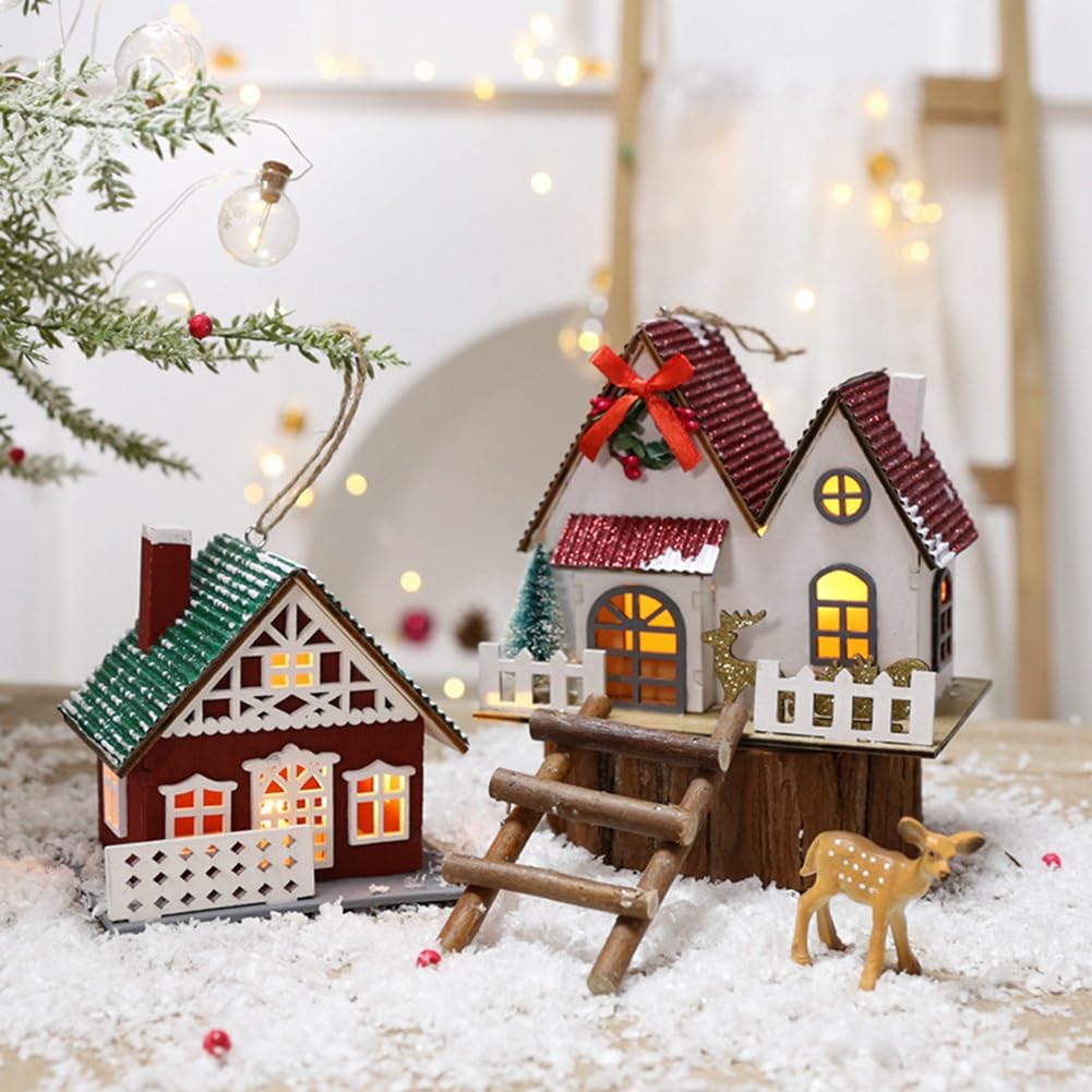 Casa de Troncos Casa Edificio Luminoso Adornos Navideños de Madera Adecuado para la Decoración del Árbol de Navidad