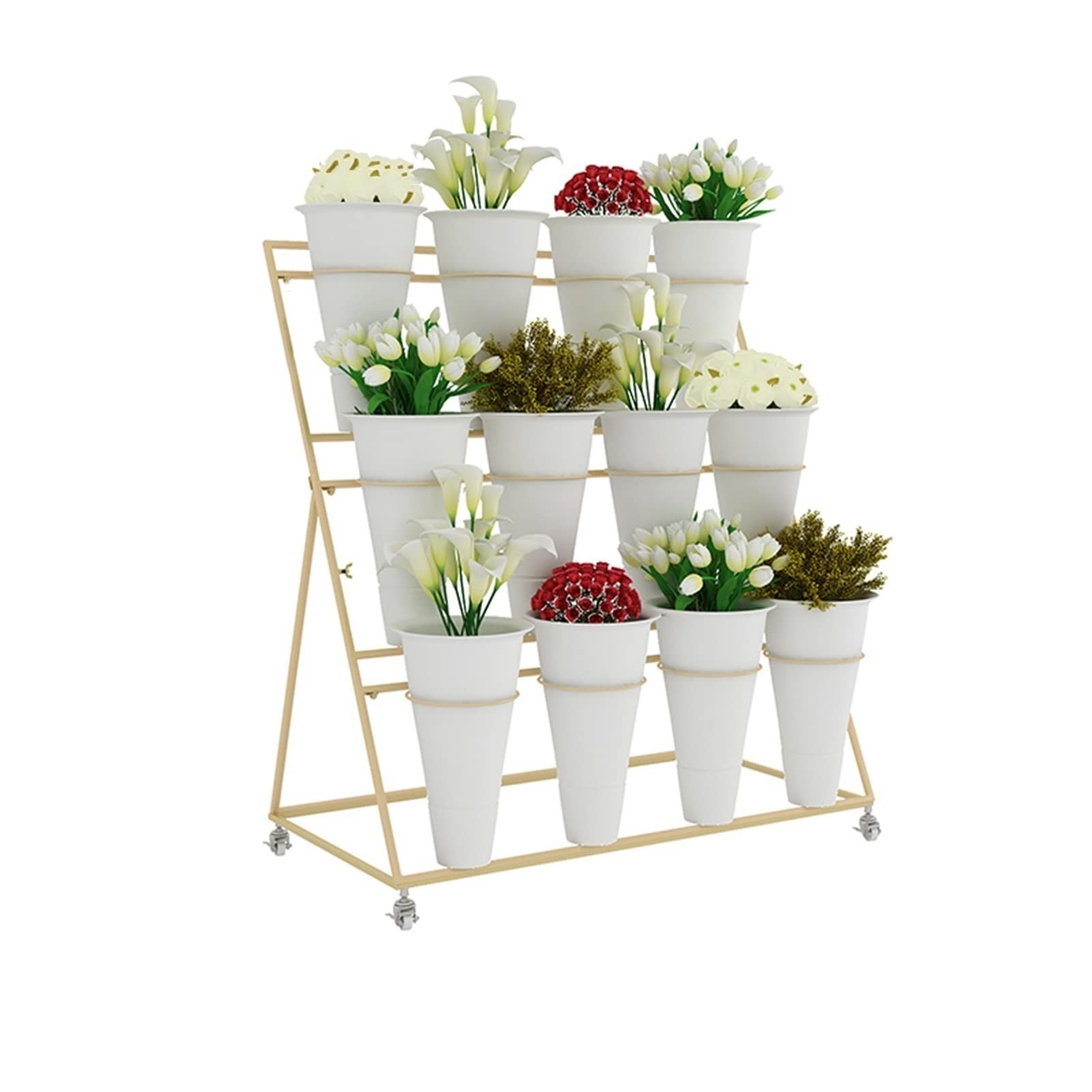 Espositore per Fiori con 12 secchi in plastica - Supporto per Piante in Ferro con 4 Ruote universali, ripiano per Bouquet di fiorista Mobile in Metallo a 3 Strati per ne