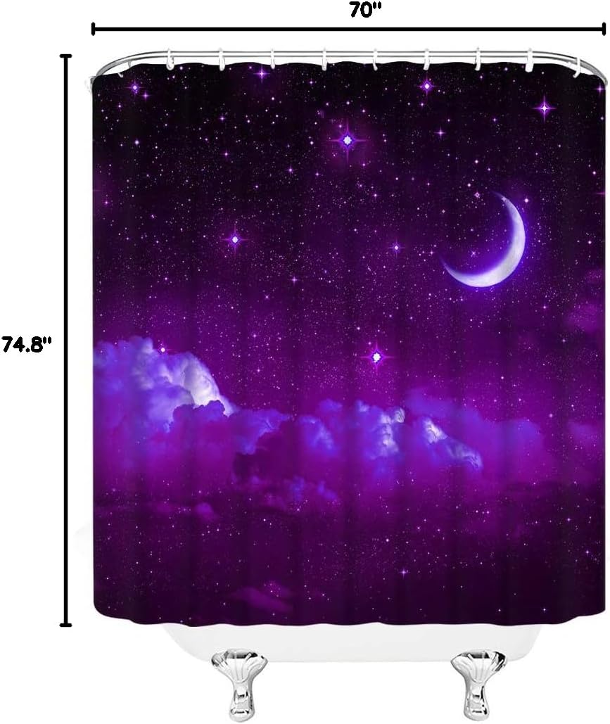 AMFD Moon Starry Shower Curtain Fantasy Night Sky Cloud Galaxy Romantic Starry Black Purple Bathroom Curtains Decor Polyester Fabric Include Hooks(70" Wx74.8 H)