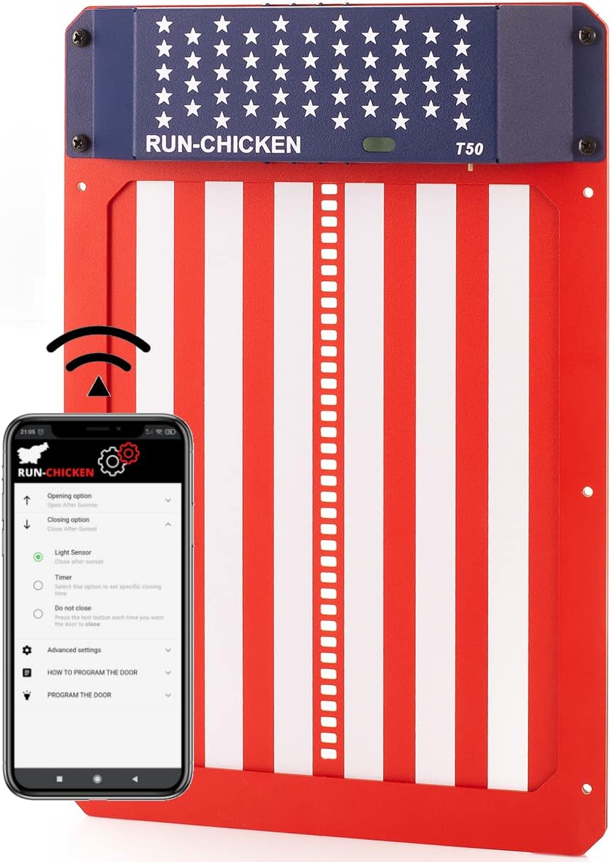 RUN-CHICKEN Door (USA Special) Automatic Chicken Coop Door Opener with Timer, Programmable Light Sensor, Battery Powered, Delay Options, Aluminum Door, Automatic Chicken Door Opener Model T50
