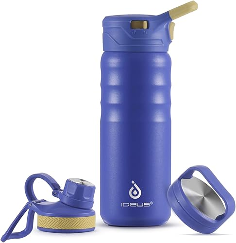 Miniatura 53 de IDEUS Botella de agua aislada de acero inoxidable con 2 tapas a prueba de fugas, termo para senderismo y ciclismo, 24 onzas, amarillo brillante