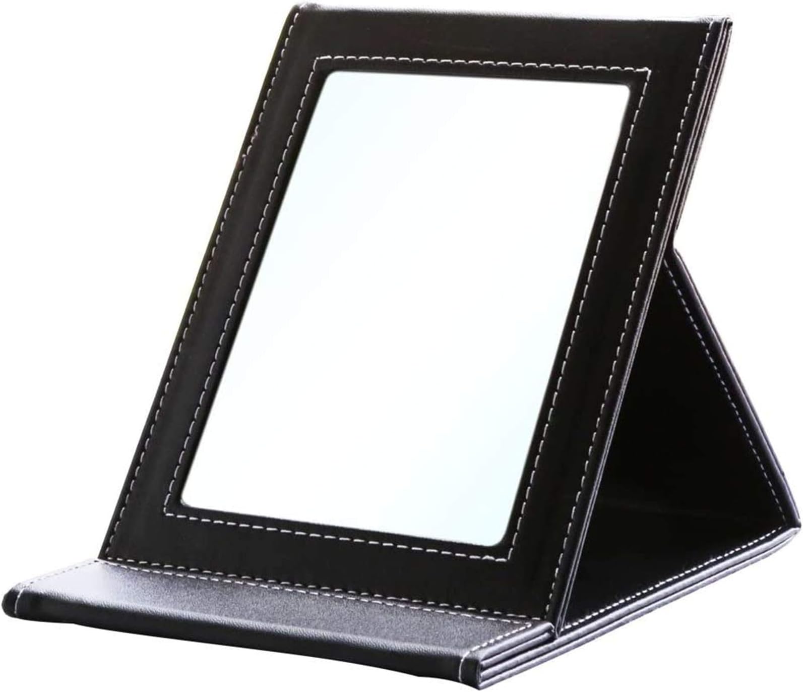 YOUBAMI Portable Folding Vanity Mirror with Adjustable Stand, PU Leather Desktop Makeup Mirror Cosmetic Mirror for Personal Office Travel, Black