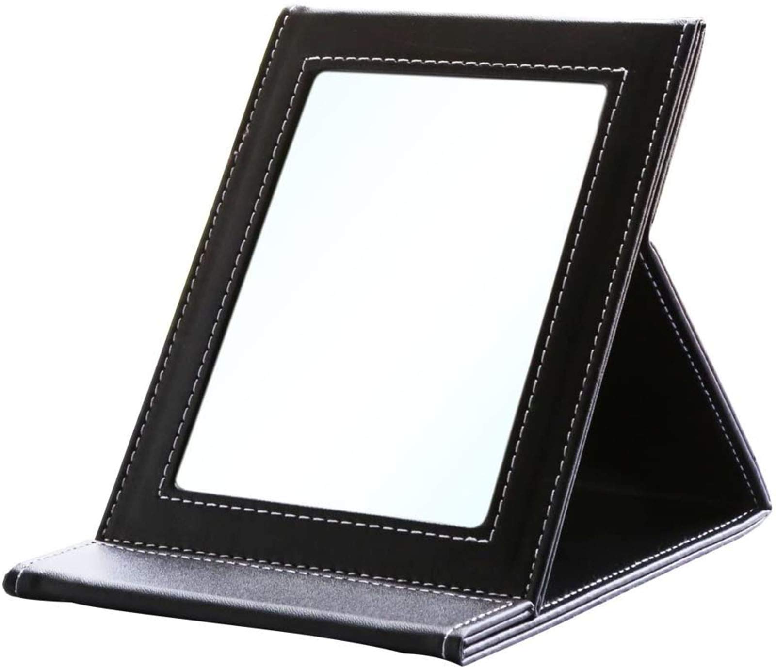 YOUBAMI Portable Folding Vanity Mirror with Adjustable Stand, PU Leather Desktop Makeup Mirror Cosmetic Mirror for Personal Office Travel, Black