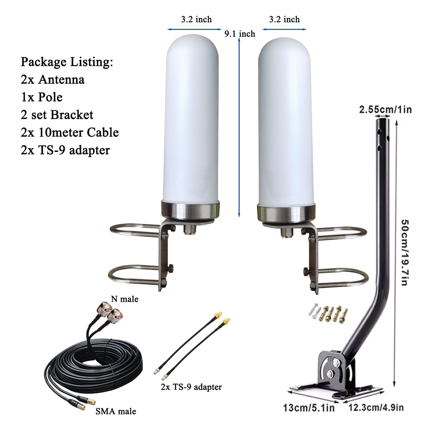 Omni MiMo 5G 4G/ LTE Antenna TS9 SMA for T-Mobile Home Internet, Verizon, AT&T, Modem, Router, Gateway, Hotspots/ 2x2 10meter RG58 Cable with SMA Port/ TS9 Adapter/Mount Pole