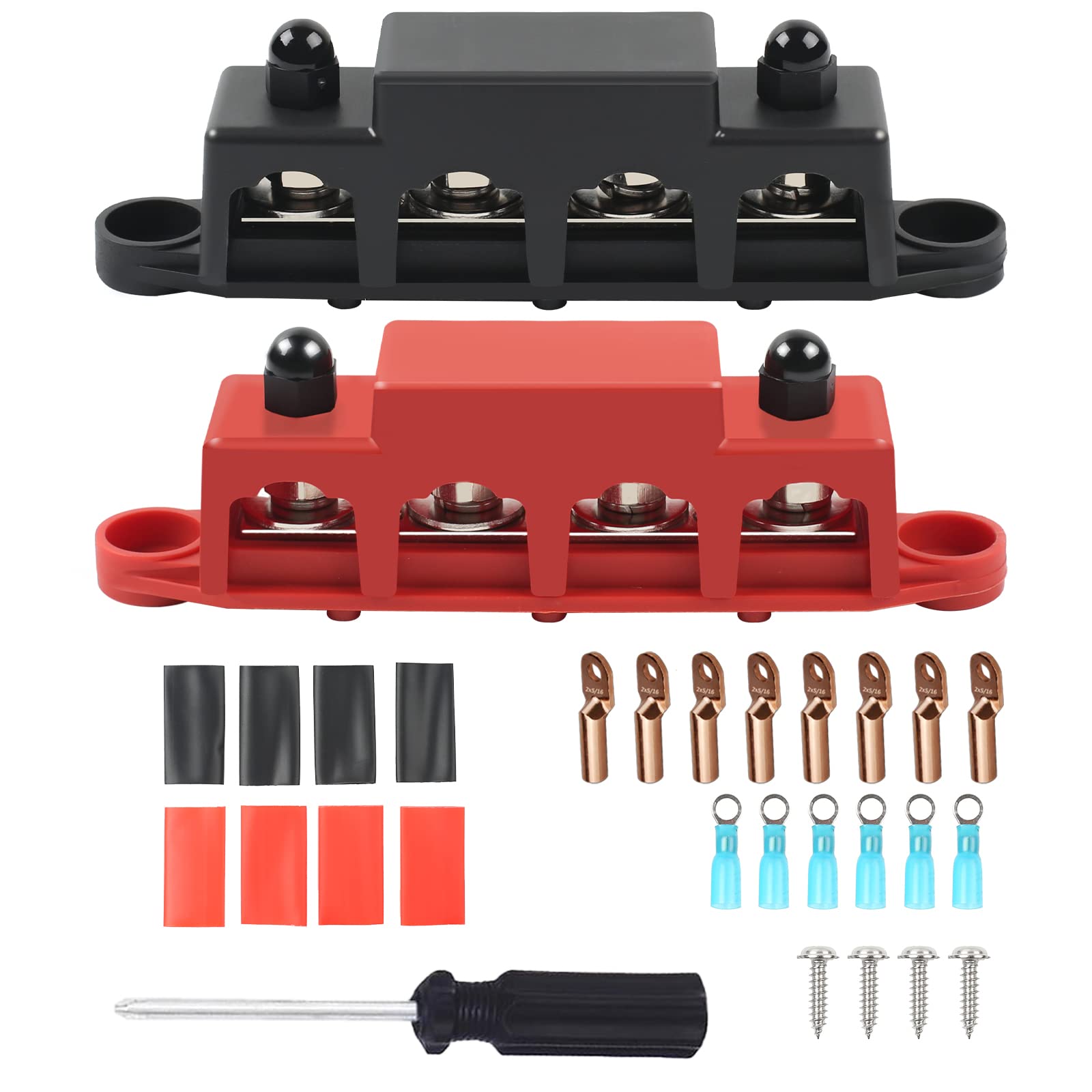 250 Amp Sammelschienen Verteilerblock, 4 x M8 BusBar Box, 12V-48V DC Klemmenbolzen Hochleistungsmodul, Stromverteilerblöcke für Auto RV Boat Yacht(Rot+Schwarz)