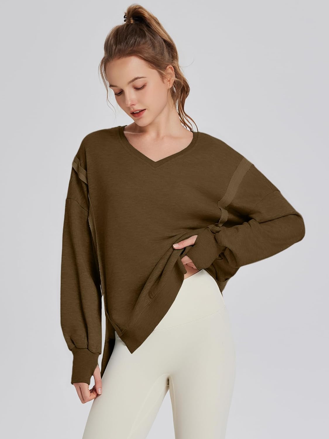 TAKEYAL Women's Oversized Sweatshirts Side Slit Long Sleeve V Neck Sweatshirt Casual Loose Pullover - Image 2