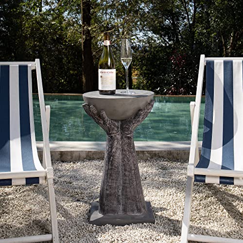 COSIEST Outdoor Side Table, Two Hands-Shaped Base w Round Top Accent Table, Lightweight Plant Stand, Concrete Finish