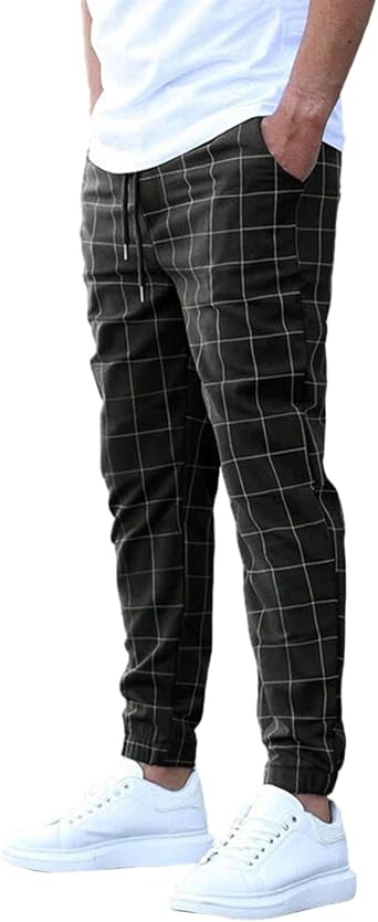 Slim Fit Plaid Chino Pants for Men Flat-Front Stretch Dress Pants Business Pencil Suit Pant Casual Skinny Golf Pant