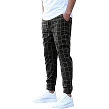 Men's Casual Plaid Pants Drawstring Stretch Dress Pants Slim Fit Skinny Chinos Tapered Business Casual Cinch Pants