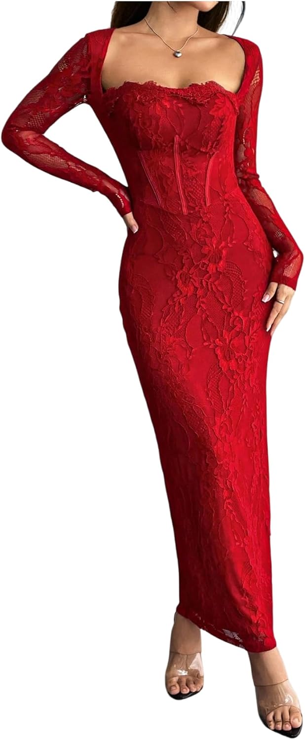 OYOANGLE Women's Floral Lace Slit Back Fishtail Long Dress Square Neck Cocktail Bodycon Dresses