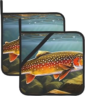2pcs Pot Holders for Kitchen, Heat Resistant Potholder, Oven Hot Pads for Cooking Baking BBQ (Brook Trout Fly Fishing)