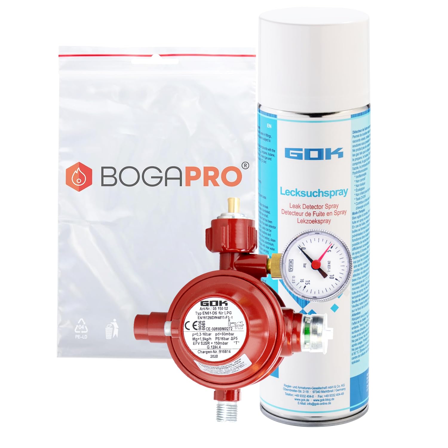 Haushaltsregler und Lecksuchspray 400ml, Gasregler für Gas Grill, Betriebsdruck 50 mbar mit SBS inkl. Spray zur Lecksuche bei Dichtheits- und Gasdruckprüfungen, inkl. Polybeutel