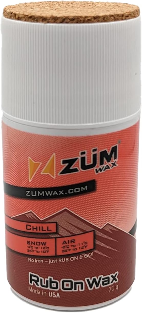ZUMWax Rub-On Ski/Snowboard/Nordic/Cross-Country Wax 70g, CHILL Temperature, Easy cork applicator, long-lasting performance, secret vanilla scent, Made in USA, PFAS-free, Great quick waxing on the go