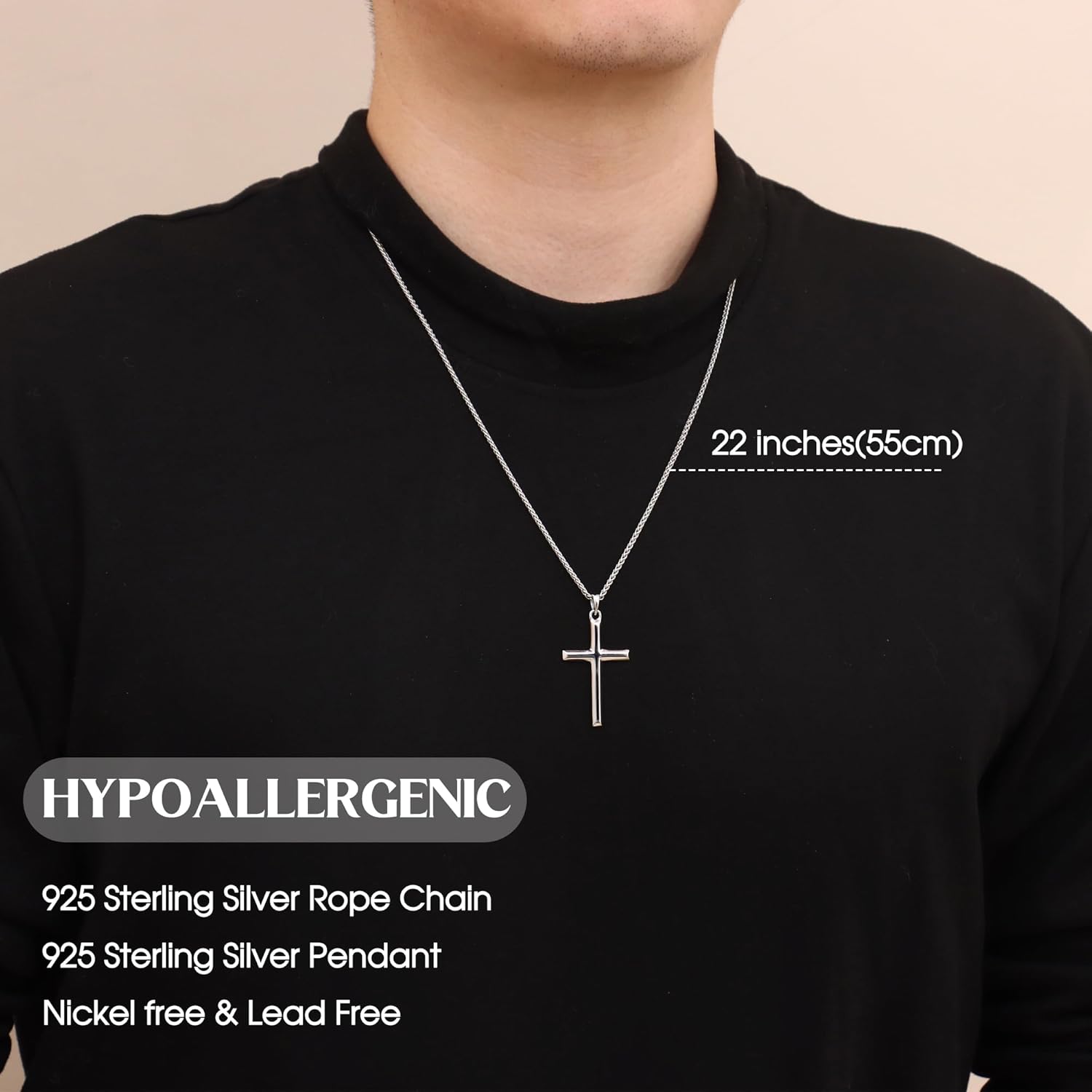 MILACOLATO Solid 925 Sterling Silver Cross Necklace for Men Women, 2mm Durable Diamond-Cut Sterling Silver Chain with Beveled Edge Cross Pendant, Mens Silver Gold Crucifix Pendant Necklace Jewelry 16-24 Inches Mother's Father's Day Jewelry Gifts - Image 2