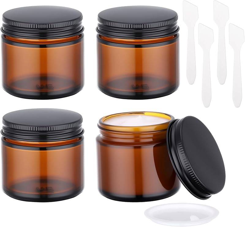 Segbeauty Frascos Redondos de Vidro Âmbar com Tampas Pretas, Pacote com 4 de 60 mL e Espátulas
