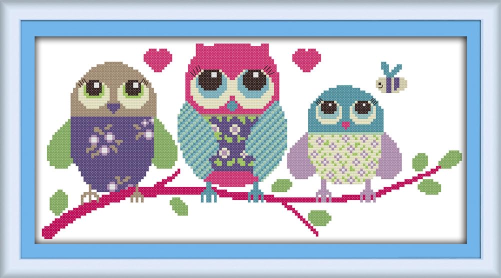 Meecaa Cross Stitch Kits 14 Count Stamped, Owl Bee Love Embroidery Kit with Accessories Pre Printed（37×19CM (Owl)