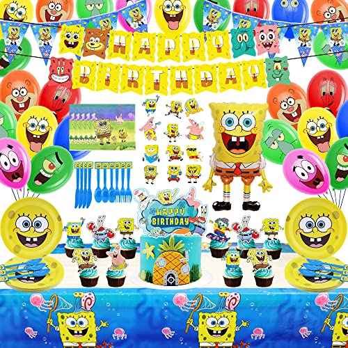 190Pcs Yellow Cartoon Party Decorations For 16 Guests, Birthday Decorations Include Happy Birthday Banners, Cake&Cupcake Toppers, Tablecover, Napkins, Pennant Banners, Forks, Spoons, Knives, Plates, Stickers, Foil Balloons Party Supplies Party Favors #TOP15