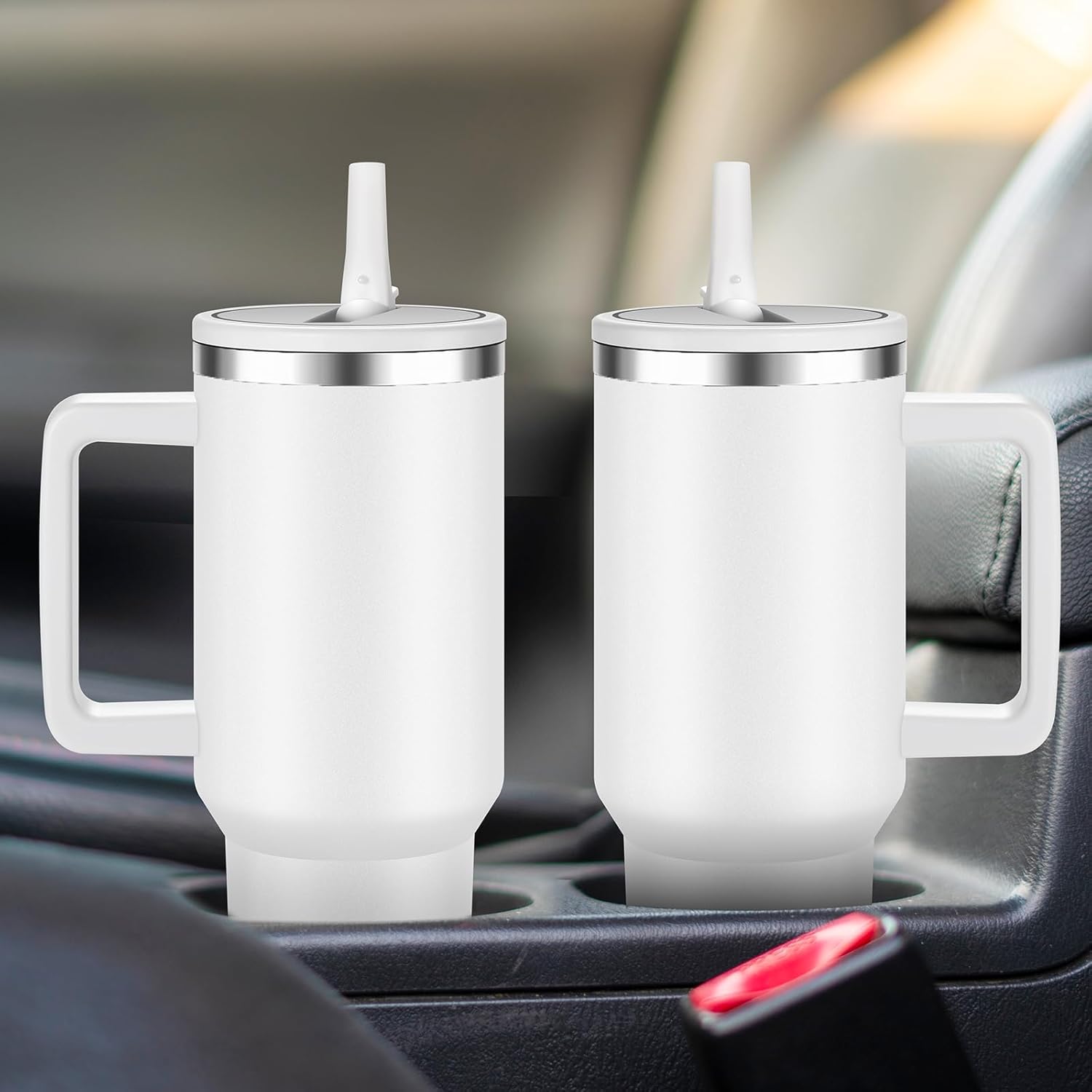 FOLAI 4 Pack 40oz Insulated Tumbler with Handle, Straw & Flip Lid, 100% Leak-Proof Stainless Steel Double Wall Vacuum Cup - 24H Cold & 10H Hot, Cup Holder Friendly Travel Tumbler | White - Image 7