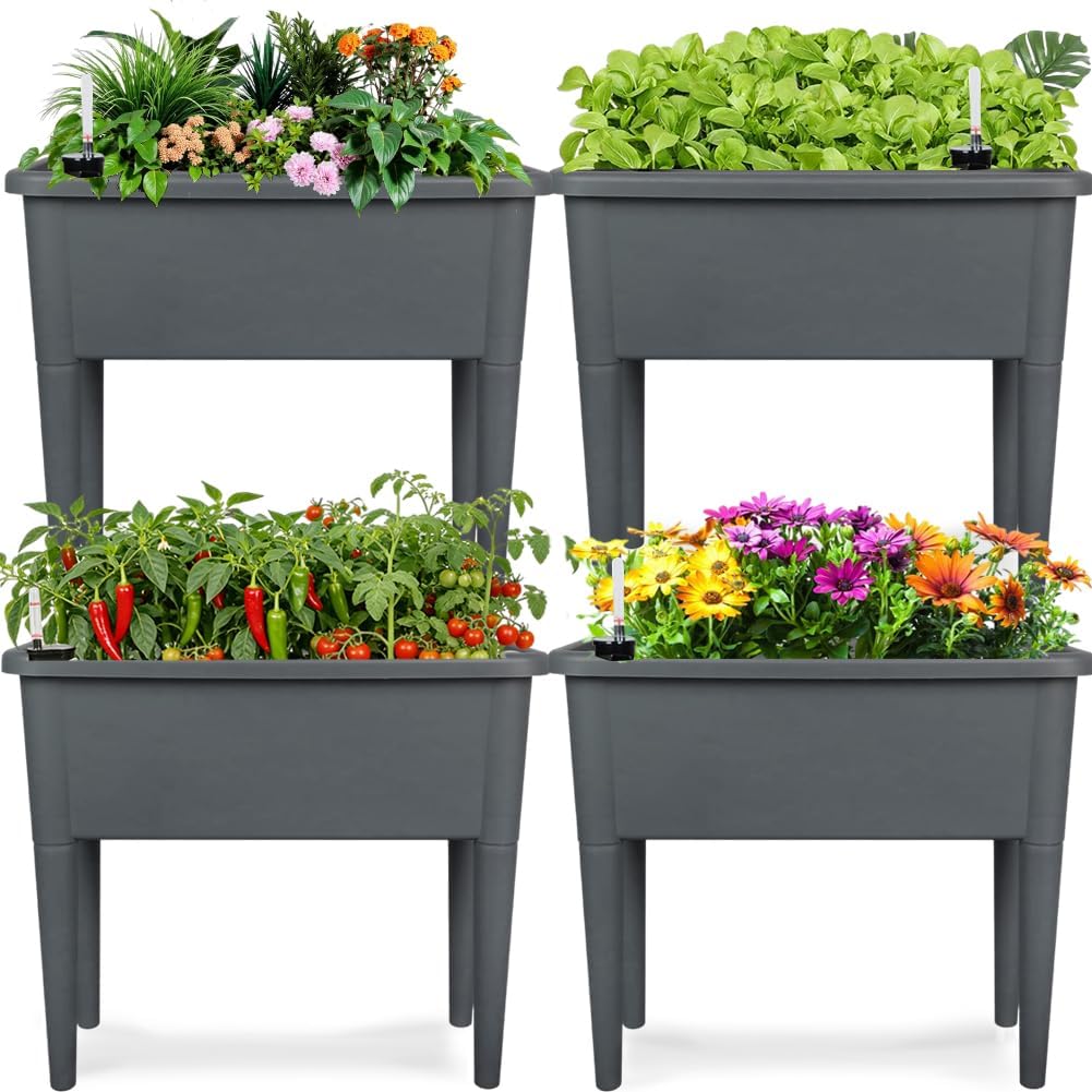 4 Pcs Self Watering Elevated Raised Garden Bed, Large Outdoor Plastic Planter Box Big Flower Plant Pot for Planting Flowers Vegetables and Herbs (4, Khaki)