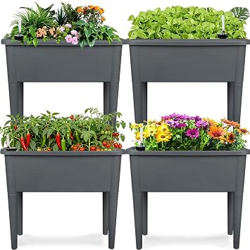 4 Pcs Self Watering Elevated Raised Garden Bed, Large Outdoor Plastic Planter Box Big Flower Plant Pot for Planting Flowers Vegetables and Herbs 4, Dark Grey