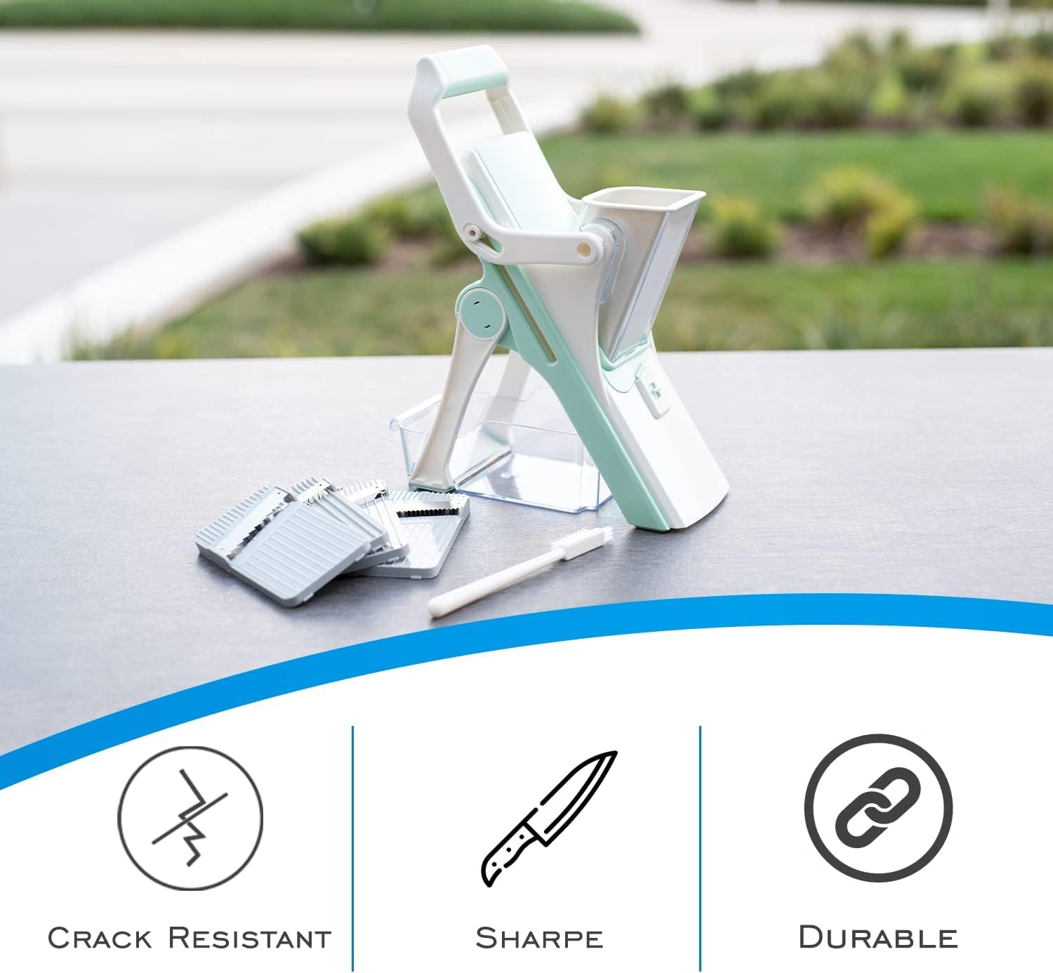 EDI Safe Mandoline Slicer - 5 Interchangeable Blades, Dishwasher Safe, Easy Set-Up - White & Mint Green