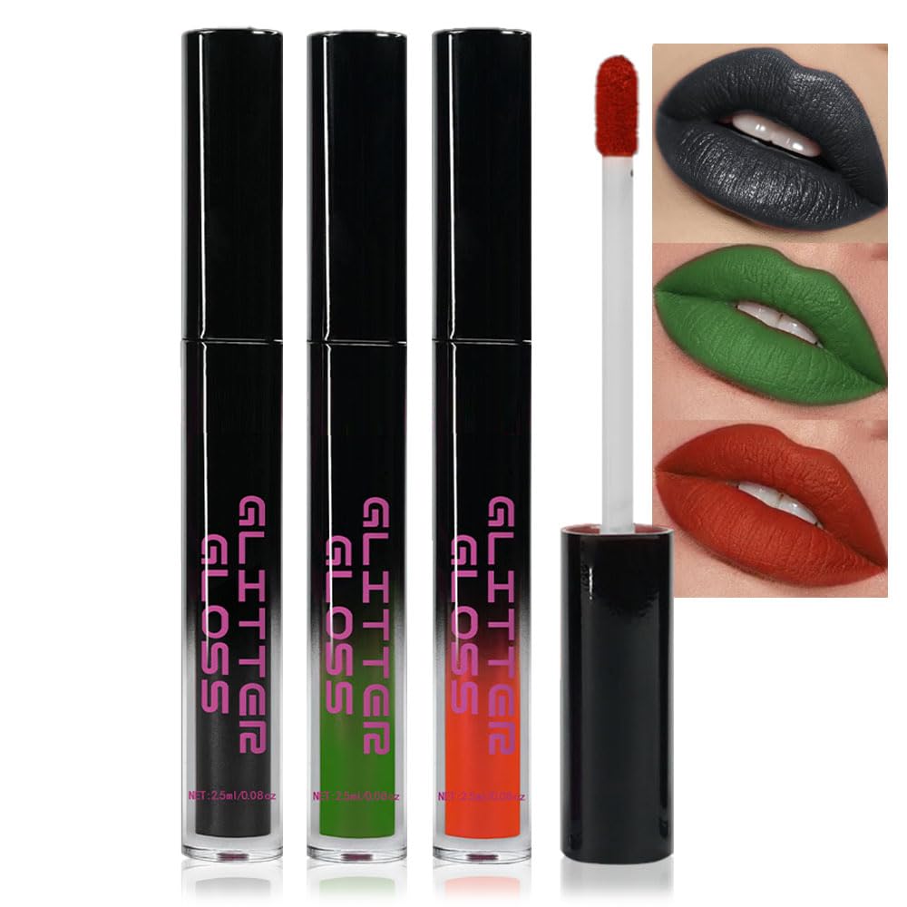 CAKAILA Gray Black Green Red Metallic Lipstick for Women,Glitter Sparkling Liquid Lipstick,Long Lasting Waterproof Lightweight Non-Drying Bold Dark Lip Gloss for Gothic Stage Makeup,Vegan Gray Black& Green&Red