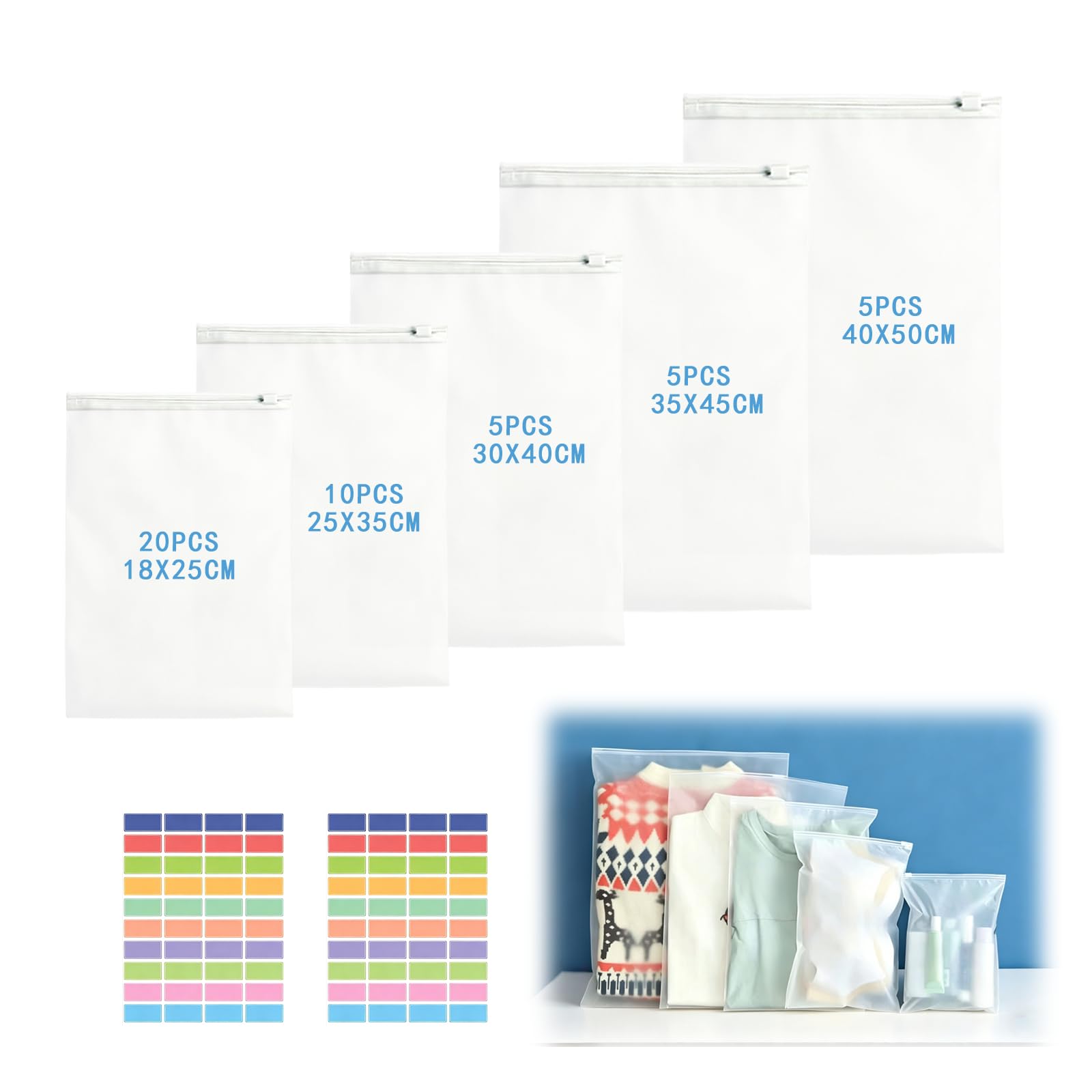 Hexizexi 45 Pcs 5 Sizes Ziplock Bags for Clothes Frosted Waterproof Plastic Hospital Bag Organiser Pouches Reusable Ziplock Bags for Scarves Shoes Hoodies Jeans