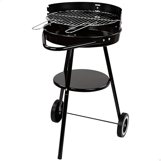 Aktive 52802 - Barbacoa carbón portátil Ø42x76,5 cm Redonda, 3 alturas regulables, 2 ruedas para facilitar el transporte, Montaje rápido y fácil, Parrilla con dos mangos extraíbles
