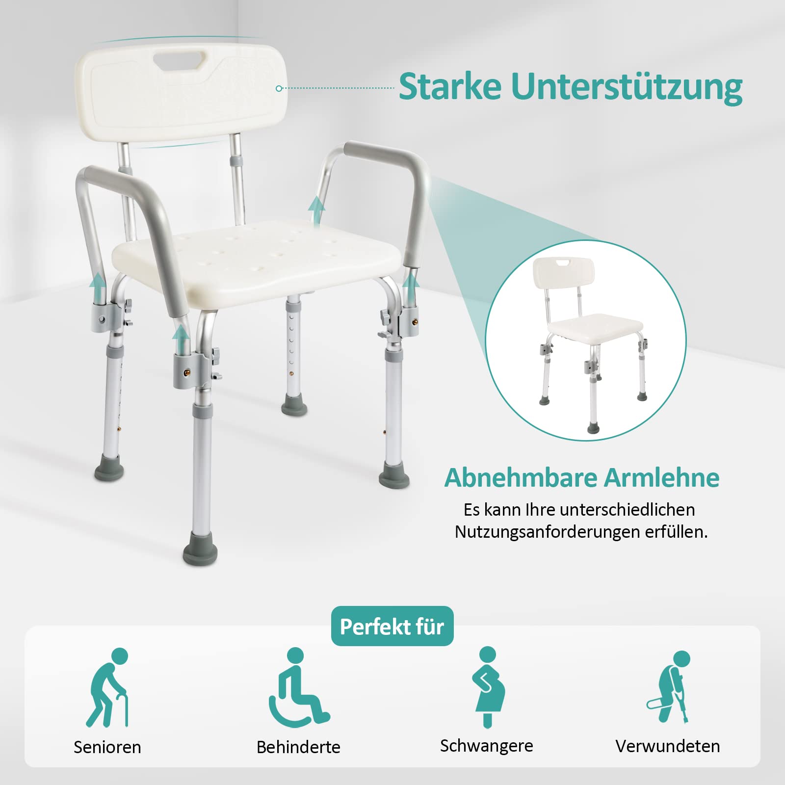 EMKE Duschstuhl Duschhocker für senioren Duschstuhl mit Armlehne und Rückenlehne Duschhocker Höhenverstellbar,bis 135KG, Weiß