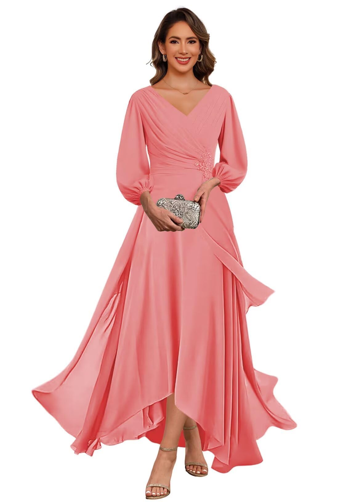 KIYNE Chiffon Long Mother of the Bride Dresses with Sleeves Coral Floor Length Formal Mother of the Groom Dress UK18