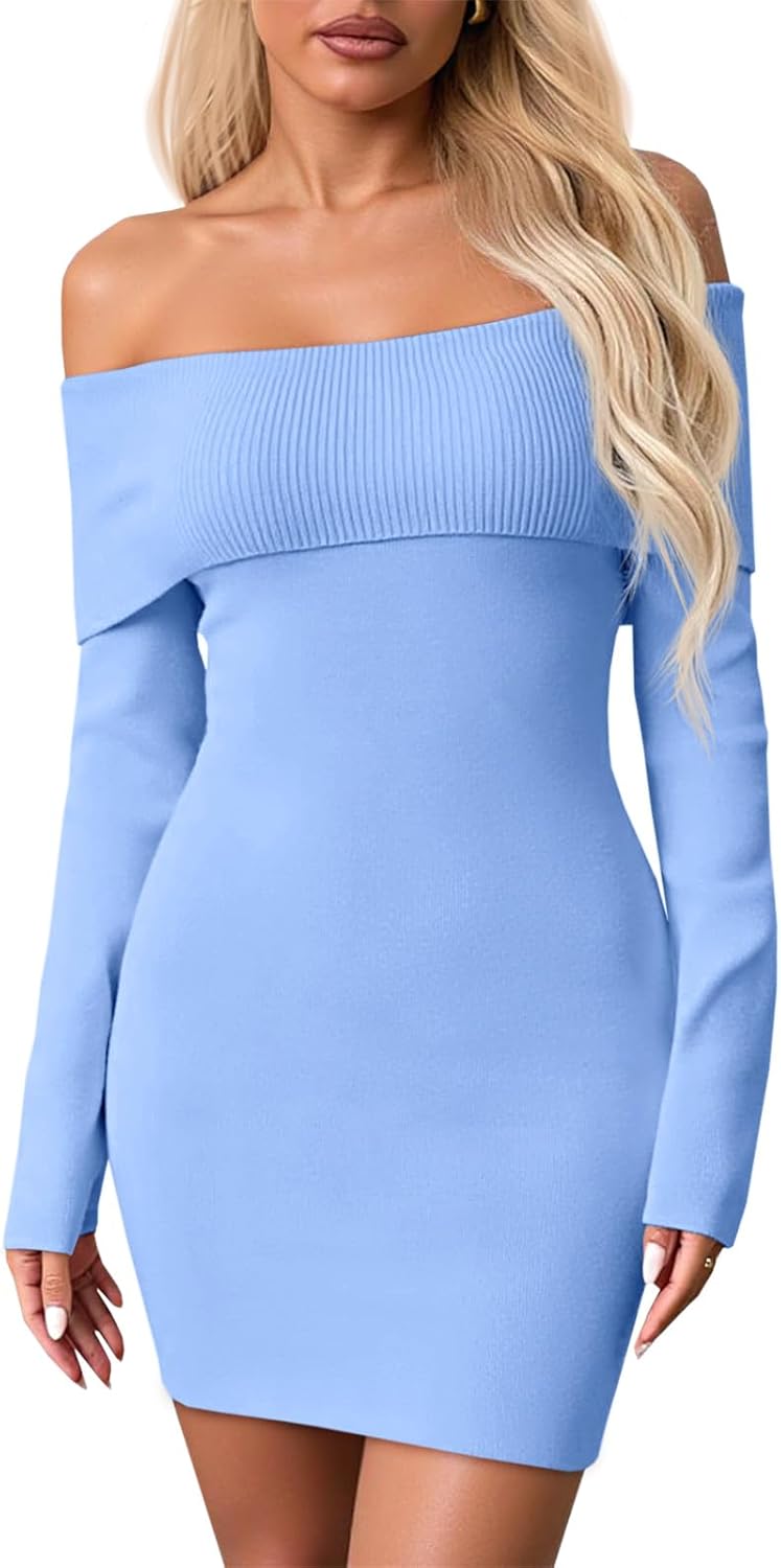 Wenrine Womens Off The Shoulder Sweater Dress Casual Ribbed Knit Long Sleeve Bodycon 2025 Fall Party Mini Dresses