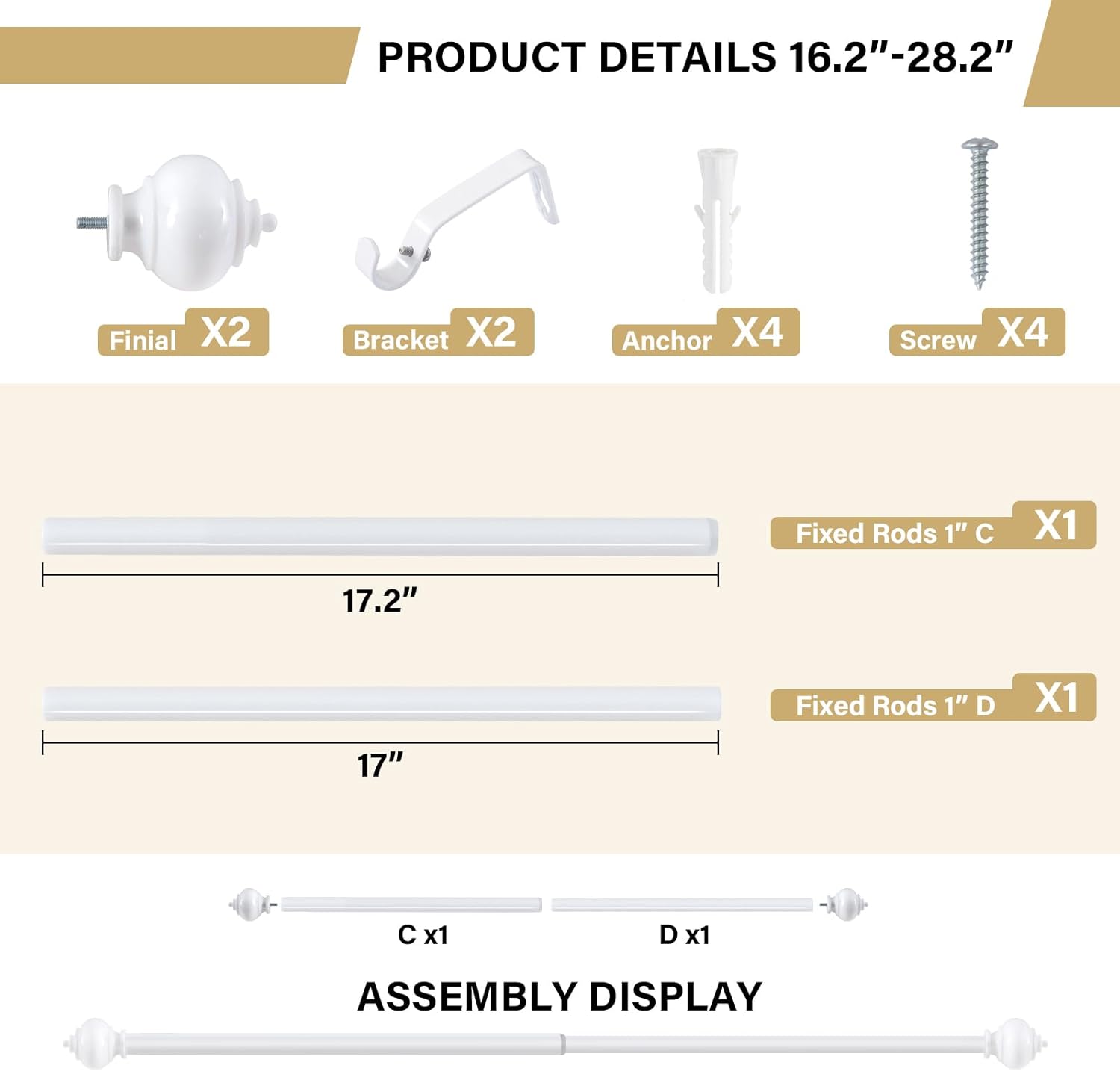 H.VERSAILTEX Curtain Rods for Windows 16.2 to 28.2 Inches 1 inch Diameter Adjustable Decorative Telescoping Curtain Rod with Brackets Heavy Duty Splicing Window Rods with Decorative Finials, White