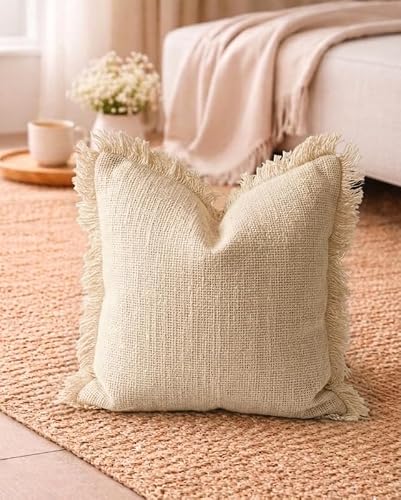 WWW.THROWPILLOW.IN Natural Cotton Basketweave Cushion Cover with Fringe,Textured Woven Throw Pillow for Sofa Living Room Boho Décor Square Sofa Cushion 12x12 Inches