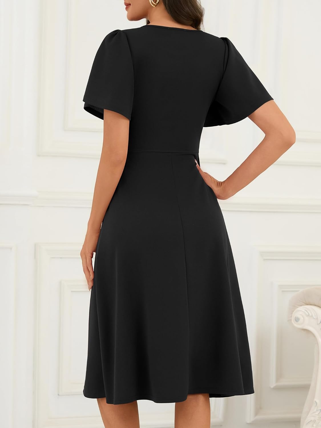FENSACE Women's Elegant Ruffle Short Sleeve Midi Dress Formal Wedding Guest Cocktail Dresses with Pockets