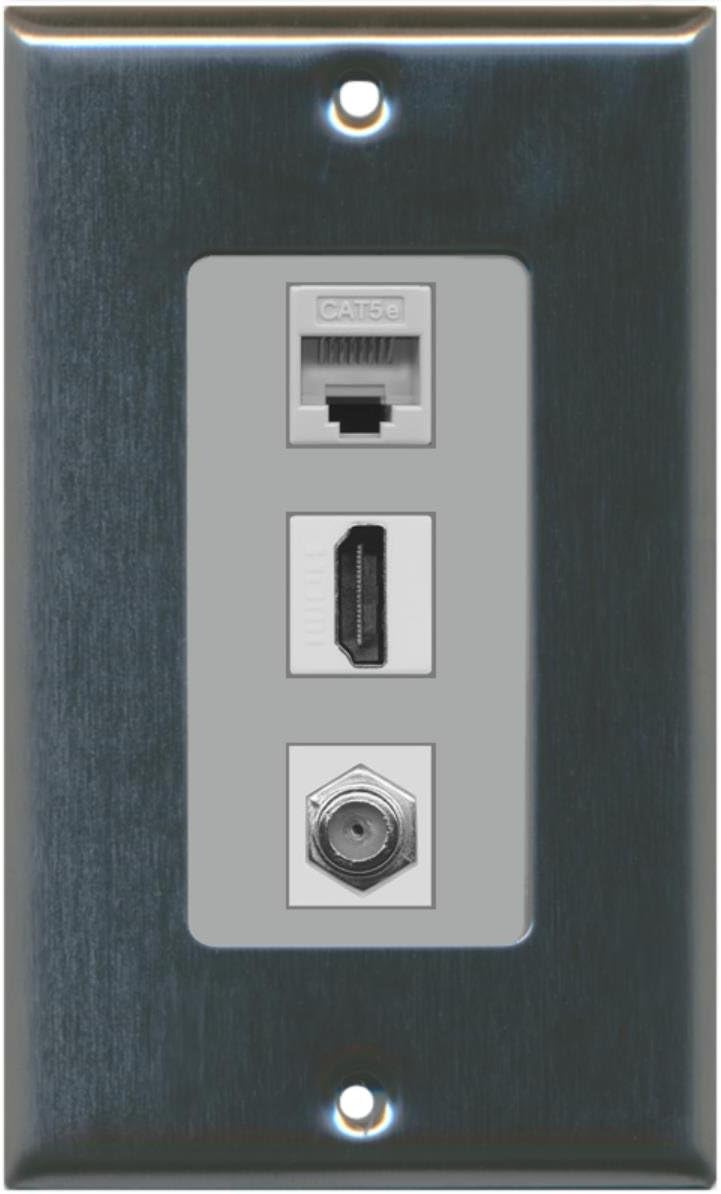 RiteAV 1 Port HDMI 1 Port Coax Cable TV- F-Type 1 Port Cat5e Ethernet Wall Plate Stainless-Gray