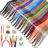 Celinabella 18 Colors Hair Tinsel Kit with Tools, 47 Inch Heat Resistant Reusable Sparkle Hair Extensions for Festivals, Weddings, Halloween & Daily Wear